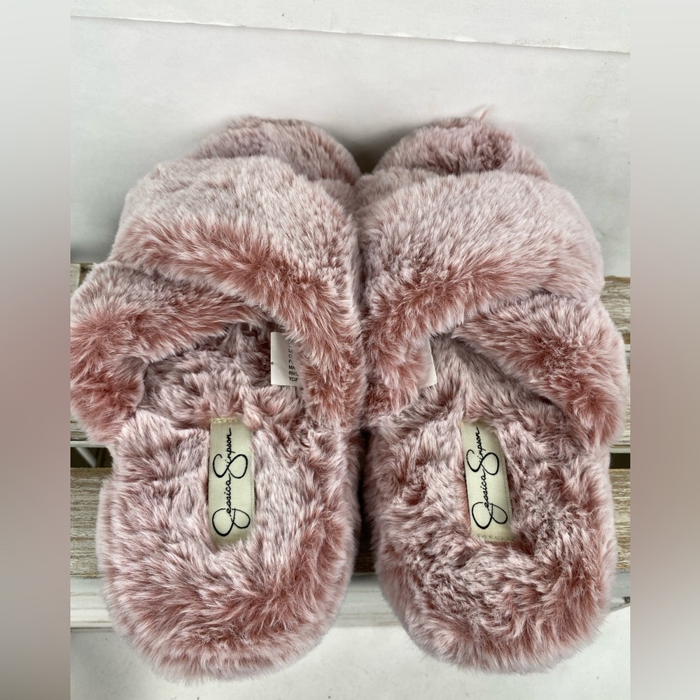 Jessica Simpson fluffy faux fur cross-band slide slippers in mauve pink Sz M 7-8 - Picture 4 of 8